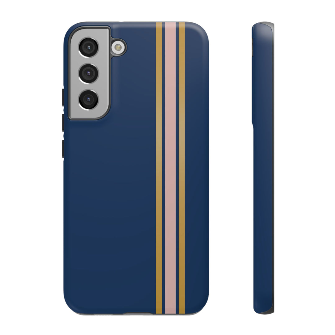 Tough Phone Case Navy Blue Pink Gold Stripe iPhone 18 17 16 15 14 13 12 Pro Max Plus, Samsung Galaxy S26 S25 S24 Ultra Cute Preppy Sport - Studio40ParkLane