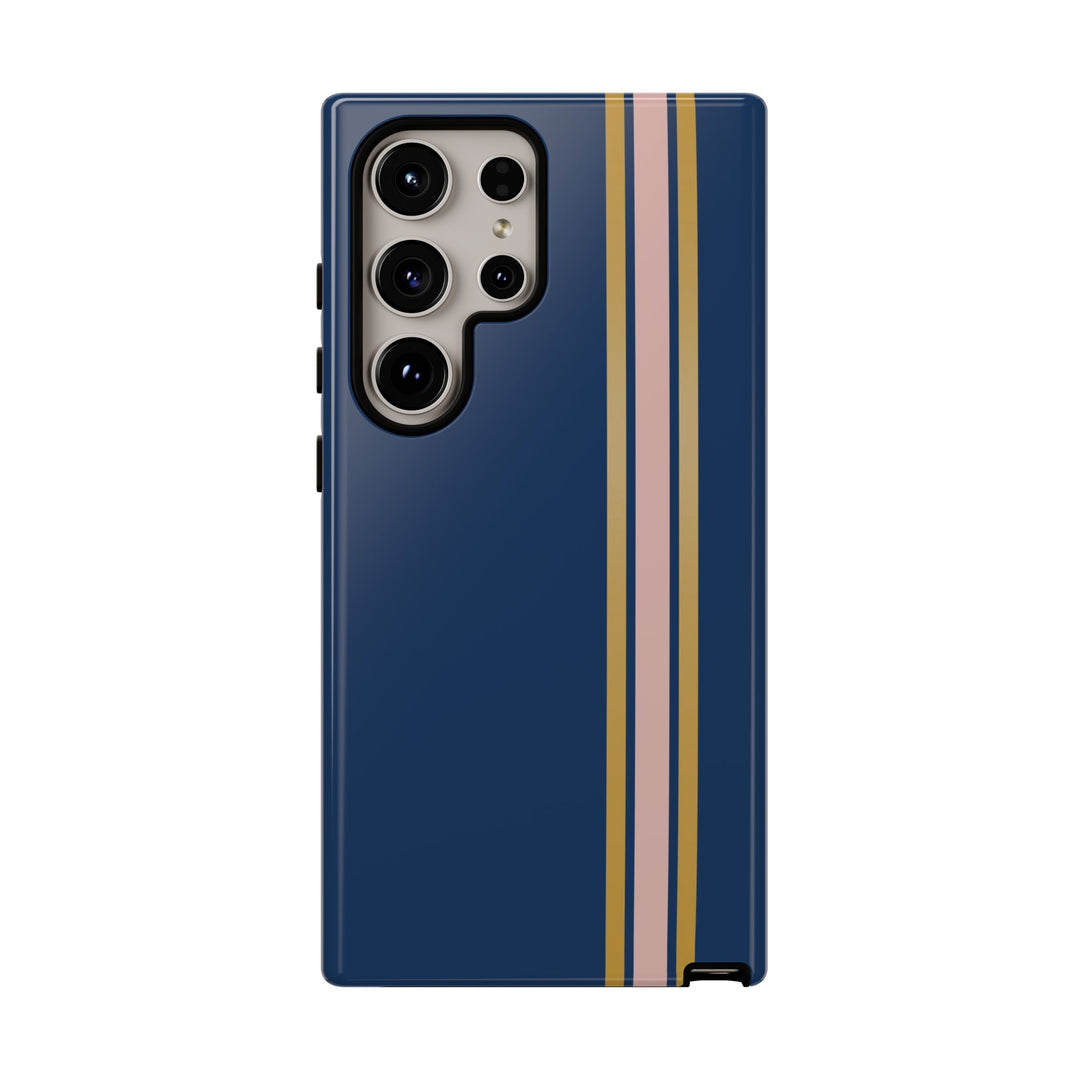Tough Phone Case Navy Blue Pink Gold Stripe iPhone 18 17 16 15 14 13 12 Pro Max Plus, Samsung Galaxy S26 S25 S24 Ultra Cute Preppy Sport - Studio40ParkLane