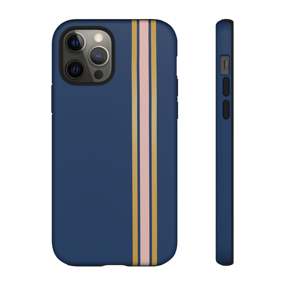 Tough Phone Case Navy Blue Pink Gold Stripe iPhone 18 17 16 15 14 13 12 Pro Max Plus, Samsung Galaxy S26 S25 S24 Ultra Cute Preppy Sport - Studio40ParkLane