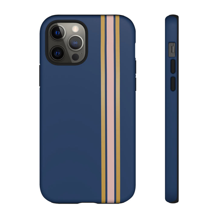 Tough Phone Case Navy Blue Pink Gold Stripe iPhone 18 17 16 15 14 13 12 Pro Max Plus, Samsung Galaxy S26 S25 S24 Ultra Cute Preppy Sport - Studio40ParkLane
