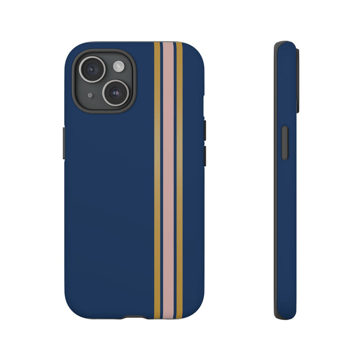 Tough Phone Case Navy Blue Pink Gold Stripe iPhone 18 17 16 15 14 13 12 Pro Max Plus, Samsung Galaxy S26 S25 S24 Ultra Cute Preppy Sport - Studio40ParkLane