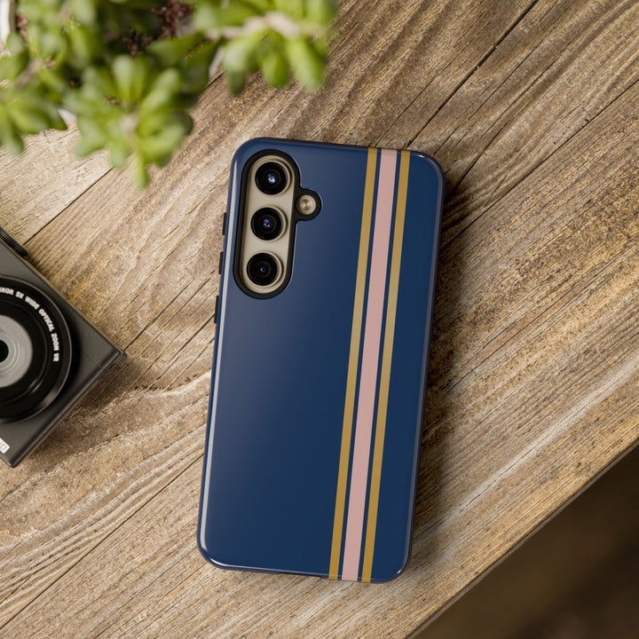 Tough Phone Case Navy Blue Pink Gold Stripe iPhone 18 17 16 15 14 13 12 Pro Max Plus, Samsung Galaxy S26 S25 S24 Ultra Cute Preppy Sport - Studio40ParkLane