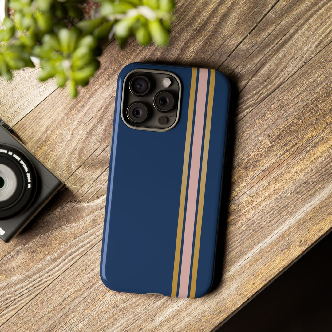 Tough Phone Case Navy Blue Pink Gold Stripe iPhone 18 17 16 15 14 13 12 Pro Max Plus, Samsung Galaxy S26 S25 S24 Ultra Cute Preppy Sport - Studio40ParkLane