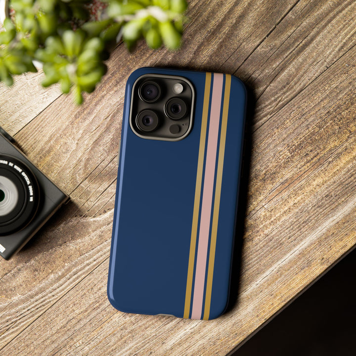 Tough Phone Case Navy Blue Pink Gold Stripe iPhone 18 17 16 15 14 13 12 Pro Max Plus, Samsung Galaxy S26 S25 S24 Ultra Cute Preppy Sport - Studio40ParkLane