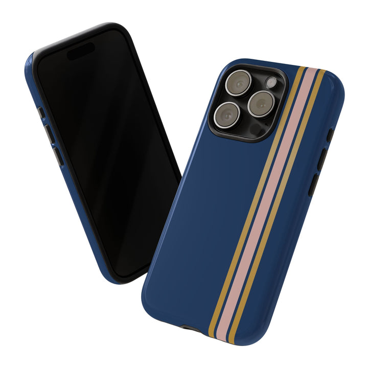 Tough Phone Case Navy Blue Pink Gold Stripe iPhone 18 17 16 15 14 13 12 Pro Max Plus, Samsung Galaxy S26 S25 S24 Ultra Cute Preppy Sport - Studio40ParkLane