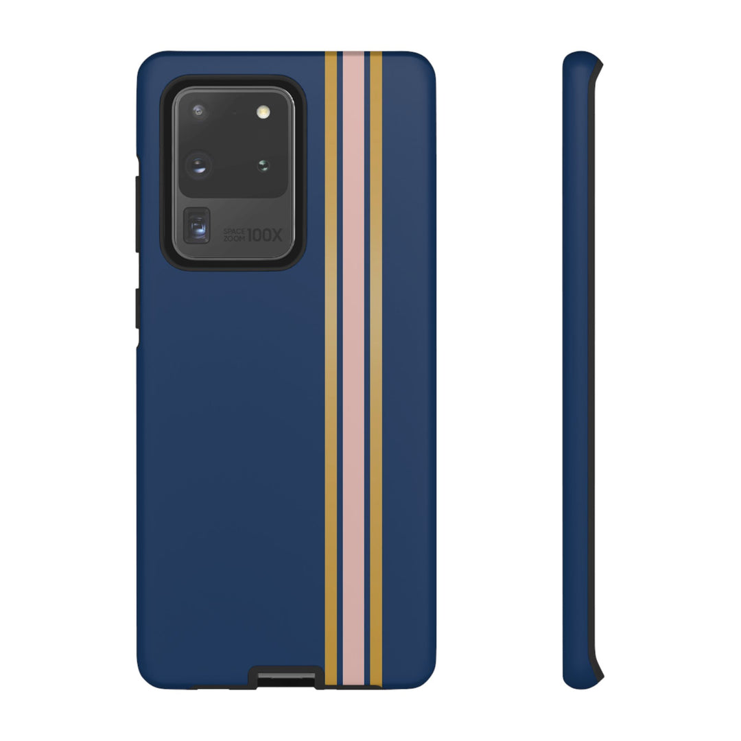 Tough Phone Case Navy Blue Pink Gold Stripe iPhone 18 17 16 15 14 13 12 Pro Max Plus, Samsung Galaxy S26 S25 S24 Ultra Cute Preppy Sport - Studio40ParkLane