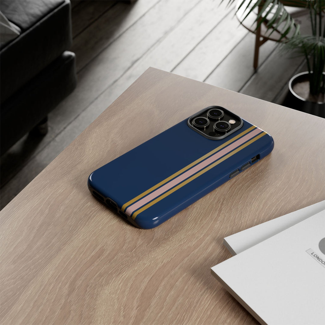 Tough Phone Case Navy Blue Pink Gold Stripe iPhone 18 17 16 15 14 13 12 Pro Max Plus, Samsung Galaxy S26 S25 S24 Ultra Cute Preppy Sport - Studio40ParkLane