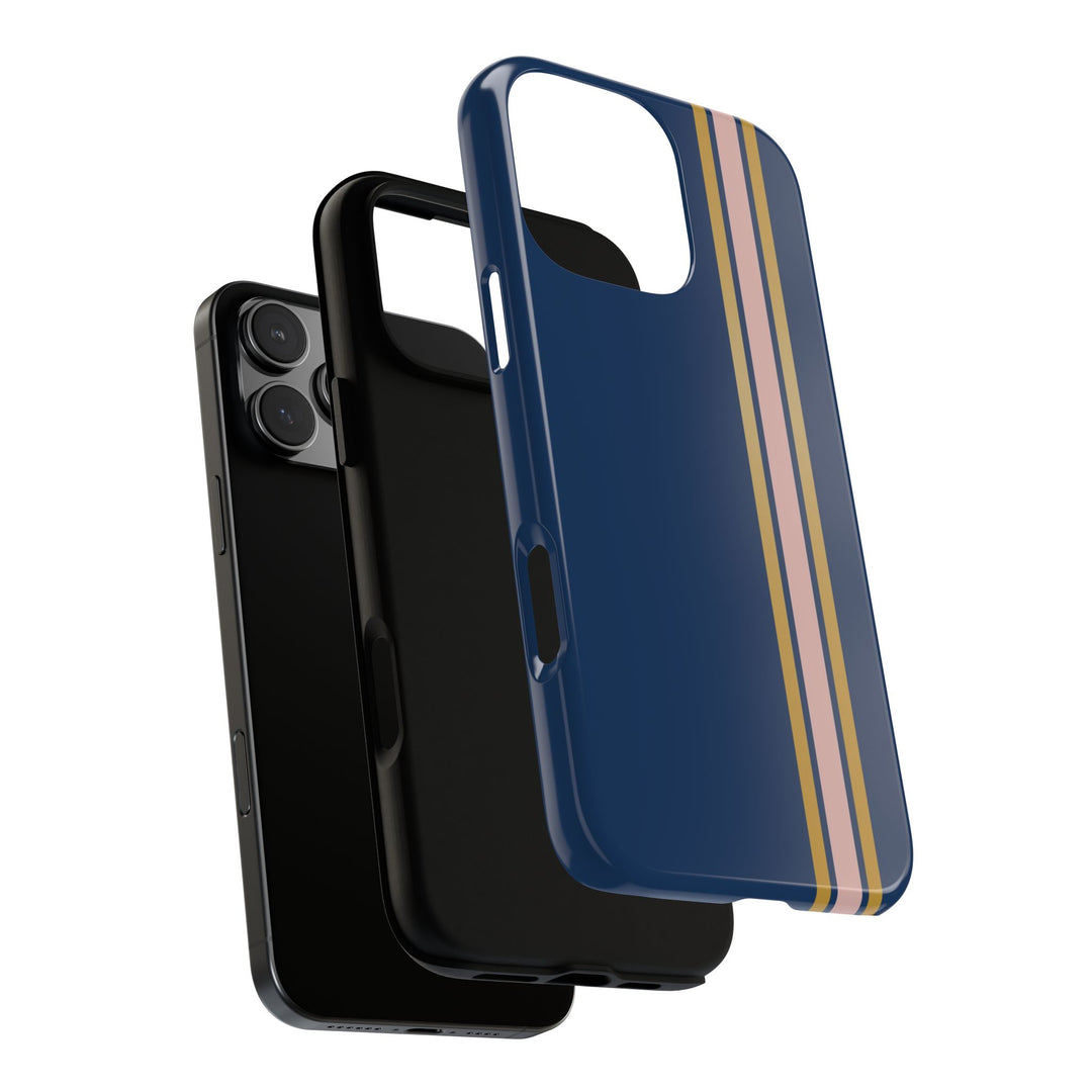 Tough Phone Case Navy Blue Pink Gold Stripe iPhone 18 17 16 15 14 13 12 Pro Max Plus, Samsung Galaxy S26 S25 S24 Ultra Cute Preppy Sport - Studio40ParkLane