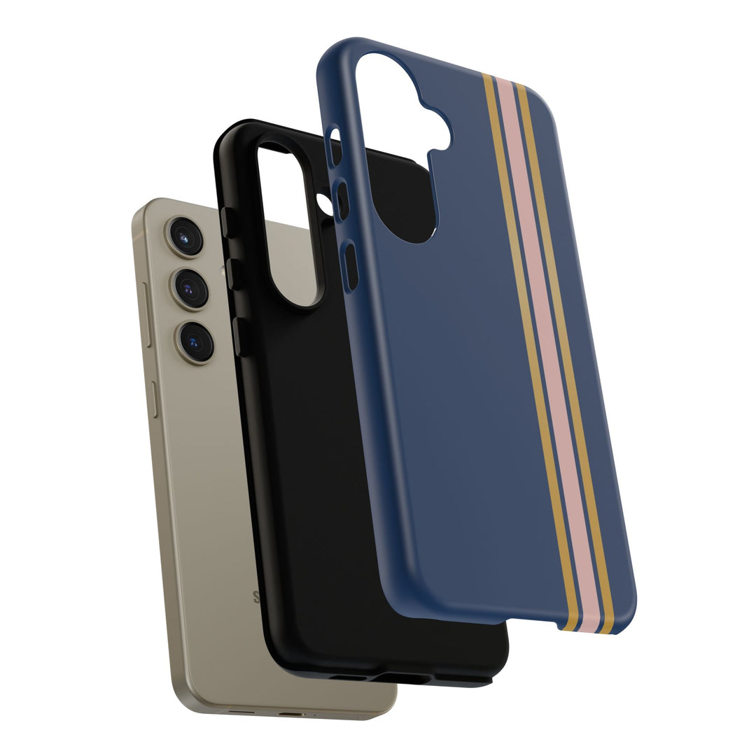 Tough Phone Case Navy Blue Pink Gold Stripe iPhone 18 17 16 15 14 13 12 Pro Max Plus, Samsung Galaxy S26 S25 S24 Ultra Cute Preppy Sport - Studio40ParkLane