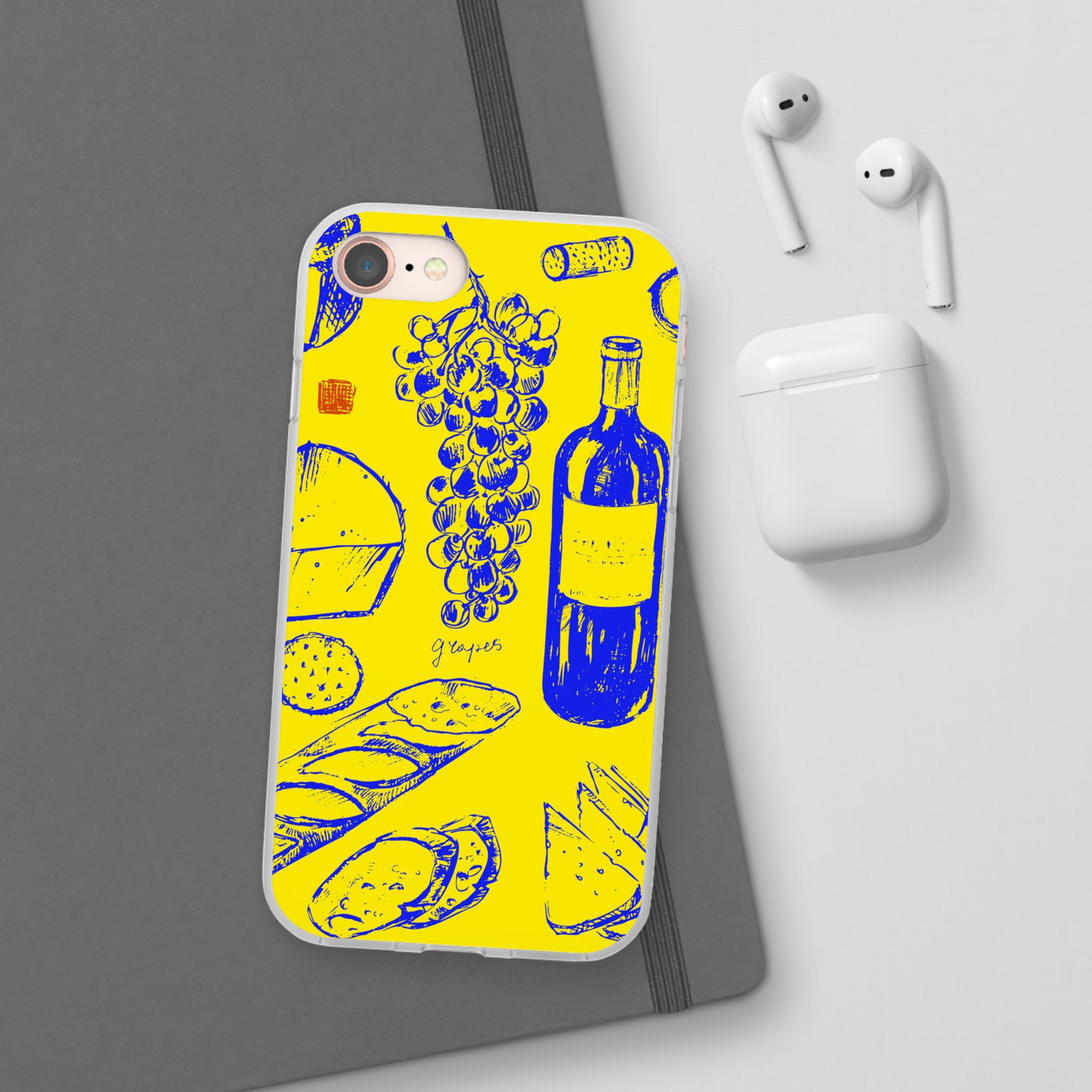 Cute Flexi Phone Cases, French Food Wine Yellow Blue, Compatible with Samsung Galaxy S23, Samsung S22, Samsung S21, Samsung S20, Galaxy S20 Ultra