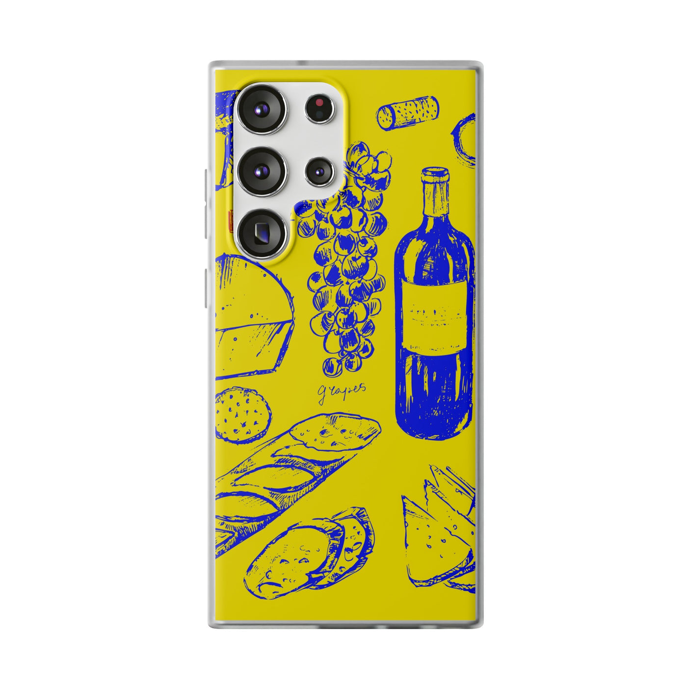 Cute Flexi Phone Cases, French Food Wine Yellow Blue, Compatible with Samsung Galaxy S23, Samsung S22, Samsung S21, Samsung S20, Galaxy S20 Ultra