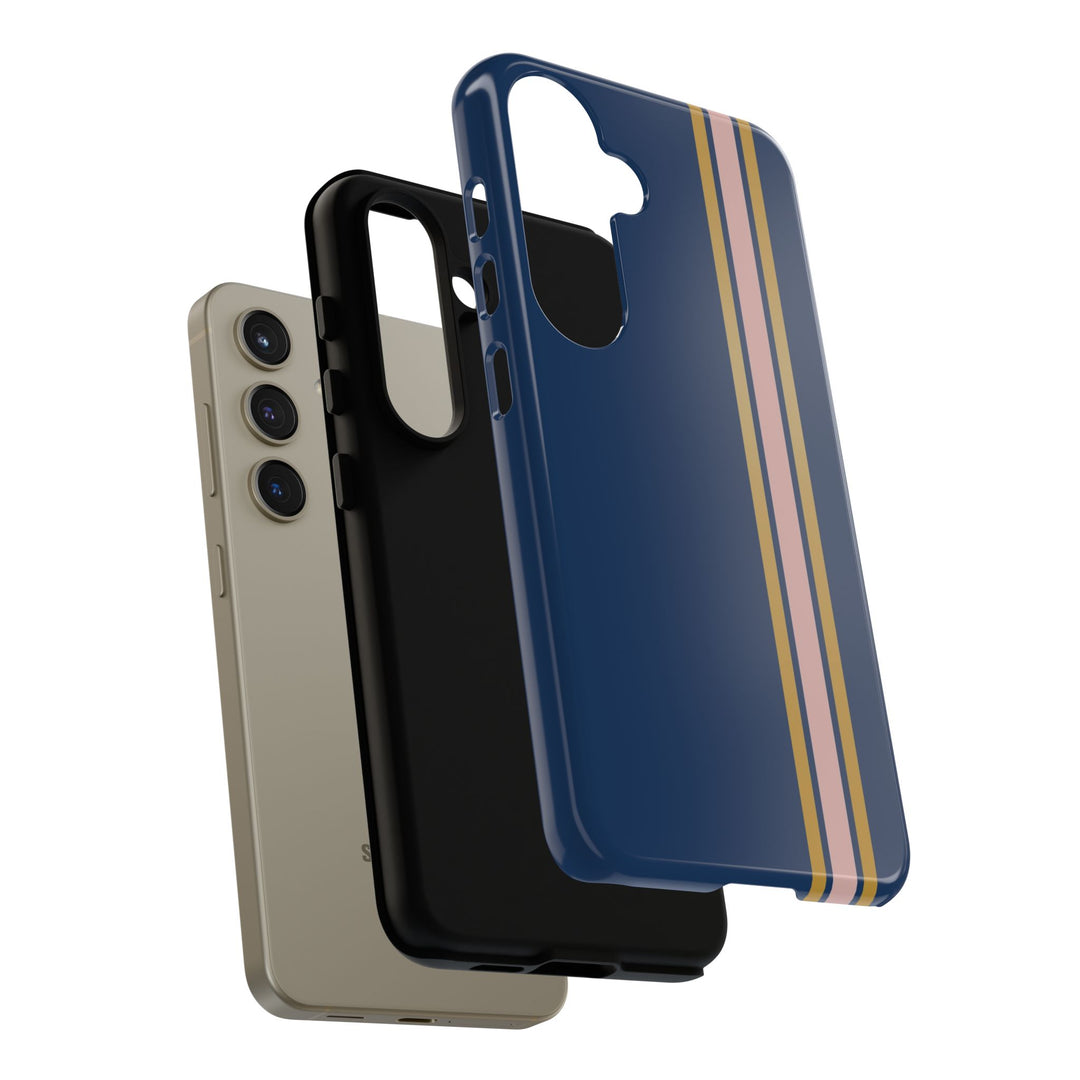 Tough Phone Case Navy Blue Pink Gold Stripe iPhone 18 17 16 15 14 13 12 Pro Max Plus, Samsung Galaxy S26 S25 S24 Ultra Cute Preppy Sport - Studio40ParkLane