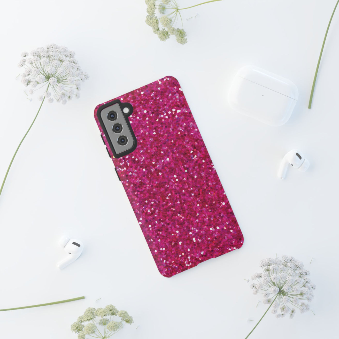 Chic Pink Faux Play on Glitter Effect Cute Phone Case, for IPhone 16 pro Max | Iphone 15, Iphone 14, IPhone 13 Case, 11 8 7, Samsung Galaxy S24, S23, S22, S21, 2 Layer Protection