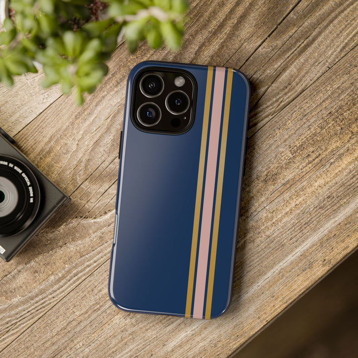 Tough Phone Case Navy Blue Pink Gold Stripe iPhone 18 17 16 15 14 13 12 Pro Max Plus, Samsung Galaxy S26 S25 S24 Ultra Cute Preppy Sport - Studio40ParkLane