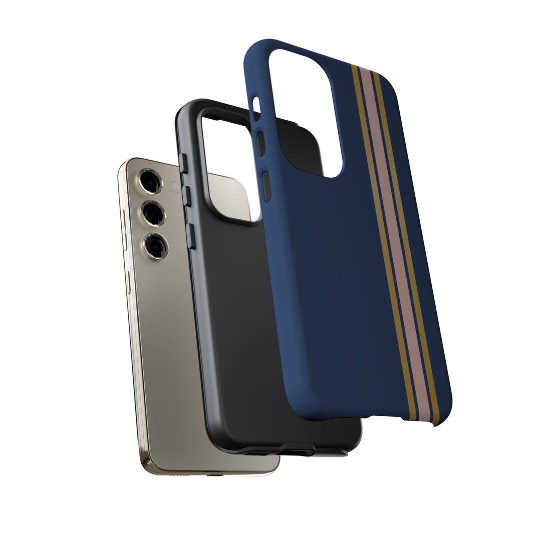Tough Phone Case Navy Blue Pink Gold Stripe iPhone 18 17 16 15 14 13 12 Pro Max Plus, Samsung Galaxy S26 S25 S24 Ultra Cute Preppy Sport - Studio40ParkLane