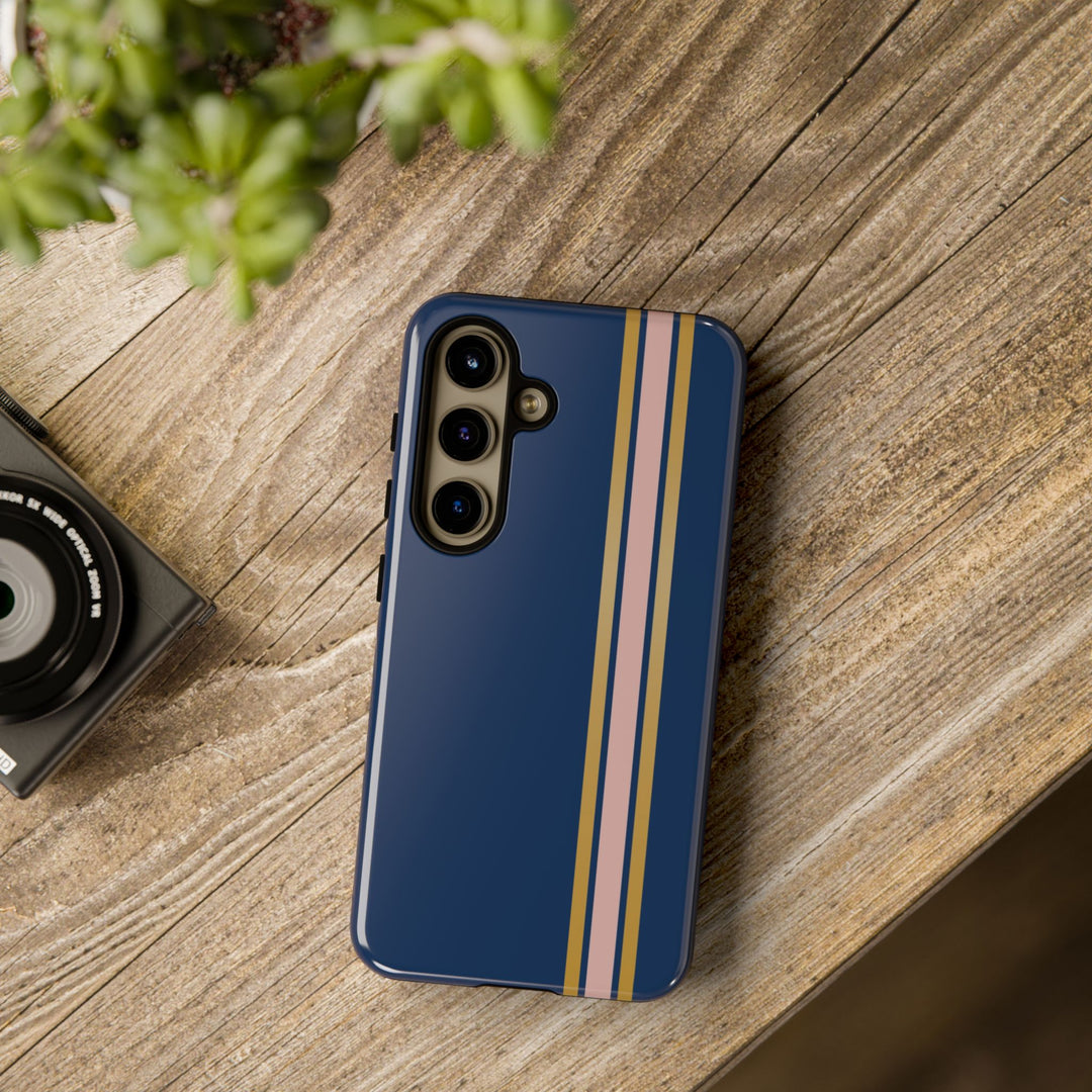 Tough Phone Case Navy Blue Pink Gold Stripe iPhone 18 17 16 15 14 13 12 Pro Max Plus, Samsung Galaxy S26 S25 S24 Ultra Cute Preppy Sport - Studio40ParkLane