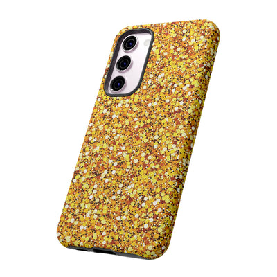 Chic Gold Faux Play on Glitter Effect Cute Phone Case, for IPhone 16 pro Max | Iphone 15, Iphone 14, IPhone 13 Case, 11 8 7, Samsung Galaxy S24, S23, S22, S21, 2 Layer Protection