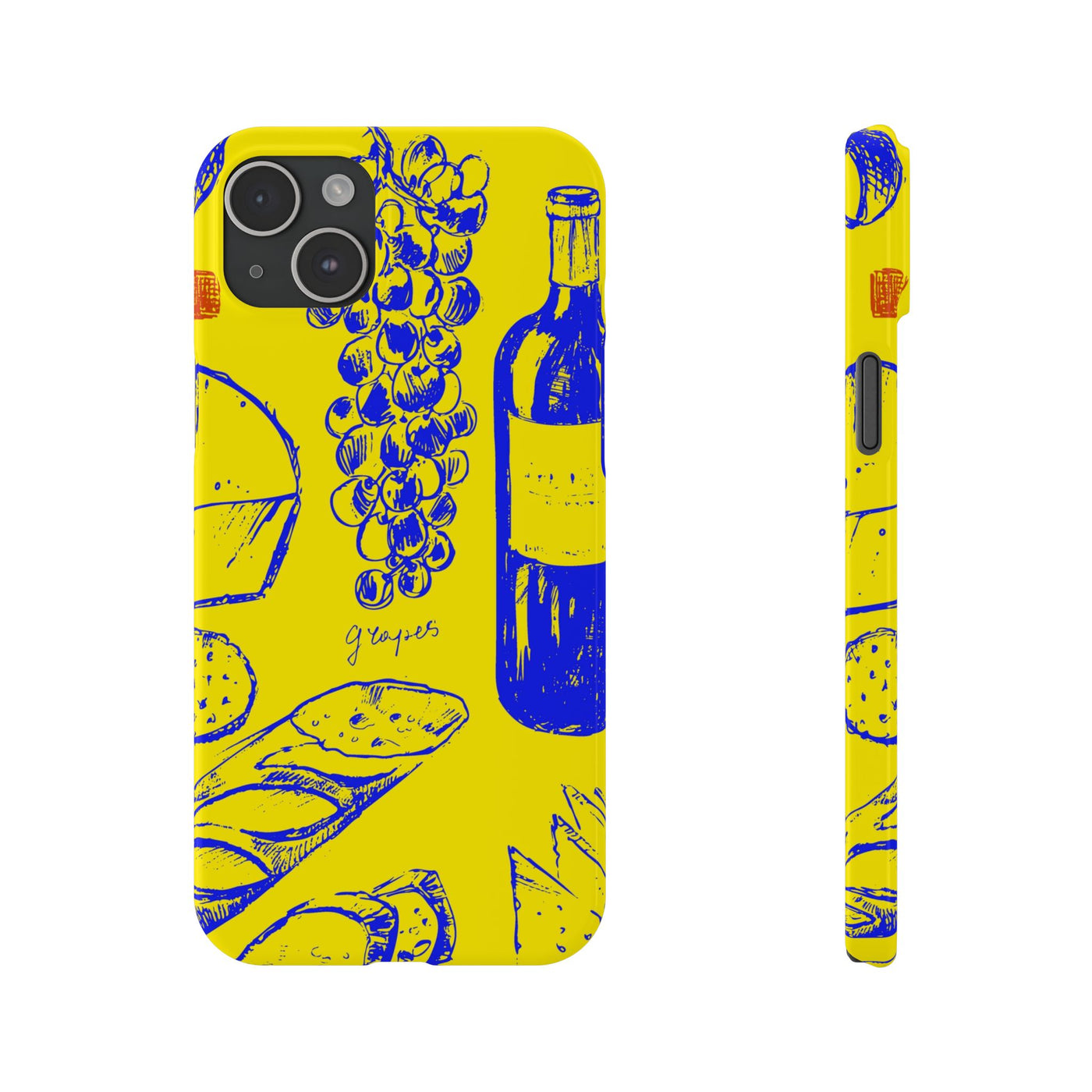 Slim Cute Phone Cases for Iphone  | iPhone 15 Case | iPhone 15 Pro Max Case, Iphone 14, Iphone 14 Pro Max, Iphone 13, French Food Wine Yellow Blue