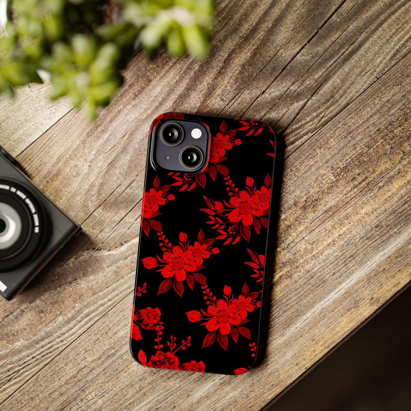 Slim Cute iPhone Cases - | iPhone 15 Case | iPhone 15 Pro Max Case, Iphone 14 Case, Iphone 14 Pro Max, Iphone 13, Red Black Flowers