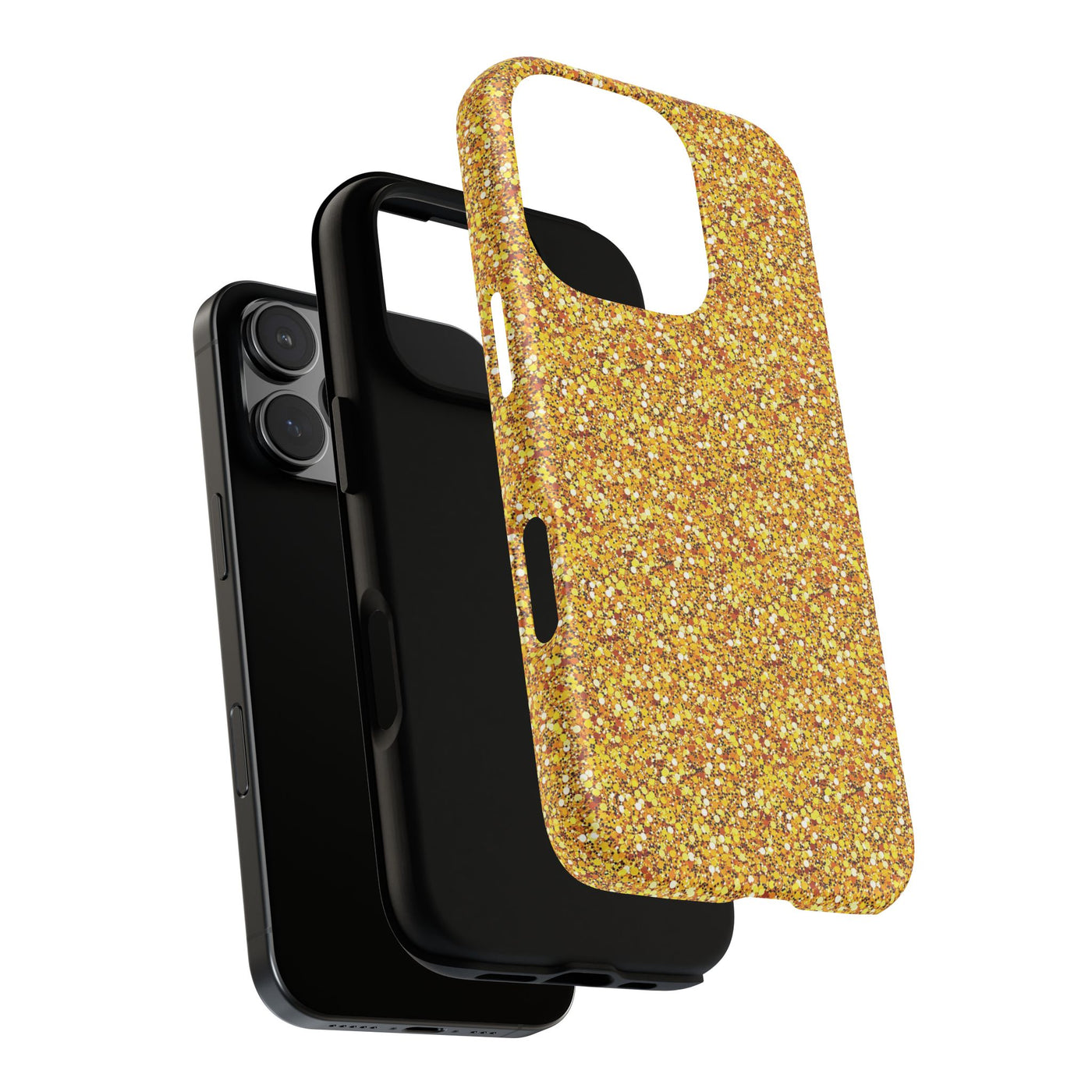 Chic Gold Faux Play on Glitter Effect Cute Phone Case, for IPhone 16 pro Max | Iphone 15, Iphone 14, IPhone 13 Case, 11 8 7, Samsung Galaxy S24, S23, S22, S21, 2 Layer Protection