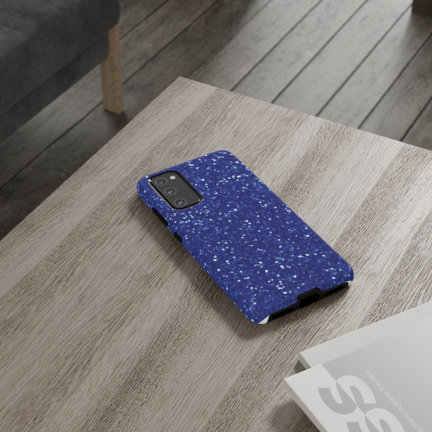 Chic Blue Faux Play on Glitter Effect Cute Phone Case, for IPhone 16 pro Max | Iphone 15, Iphone 14, IPhone 13 Case, 11 8 7, Samsung Galaxy S24, S23, S22, S21, 2 Layer Protection