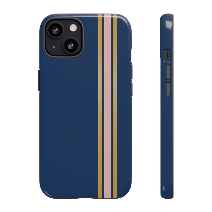 Tough Phone Case Navy Blue Pink Gold Stripe iPhone 18 17 16 15 14 13 12 Pro Max Plus, Samsung Galaxy S26 S25 S24 Ultra Cute Preppy Sport - Studio40ParkLane