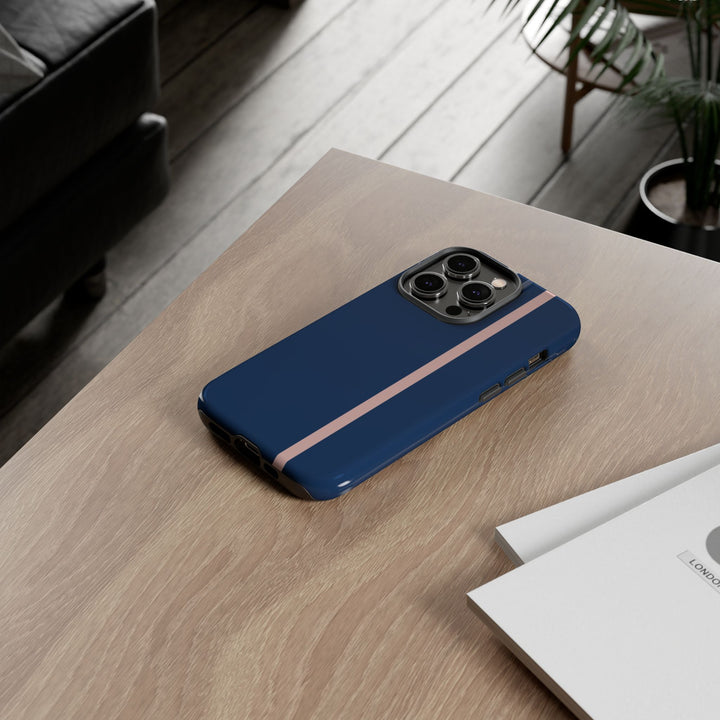 Tough Phone Case Navy Blue Orange Stripe iPhone 18 17 16 15 14 13 12 Pro Max Plus, Samsung Galaxy S26 S25 S24 Ultra Cute Preppy Sport - Studio40ParkLane