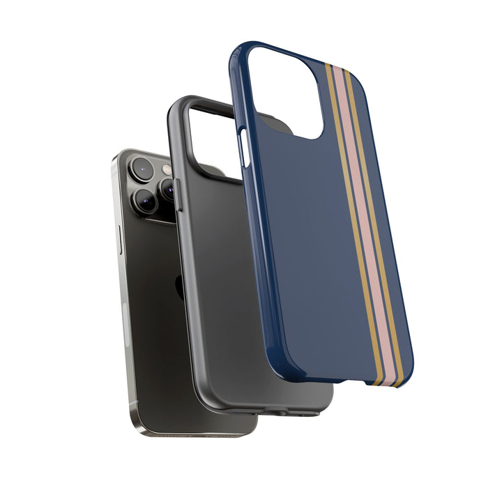 Tough Phone Case Navy Blue Pink Gold Stripe iPhone 18 17 16 15 14 13 12 Pro Max Plus, Samsung Galaxy S26 S25 S24 Ultra Cute Preppy Sport - Studio40ParkLane