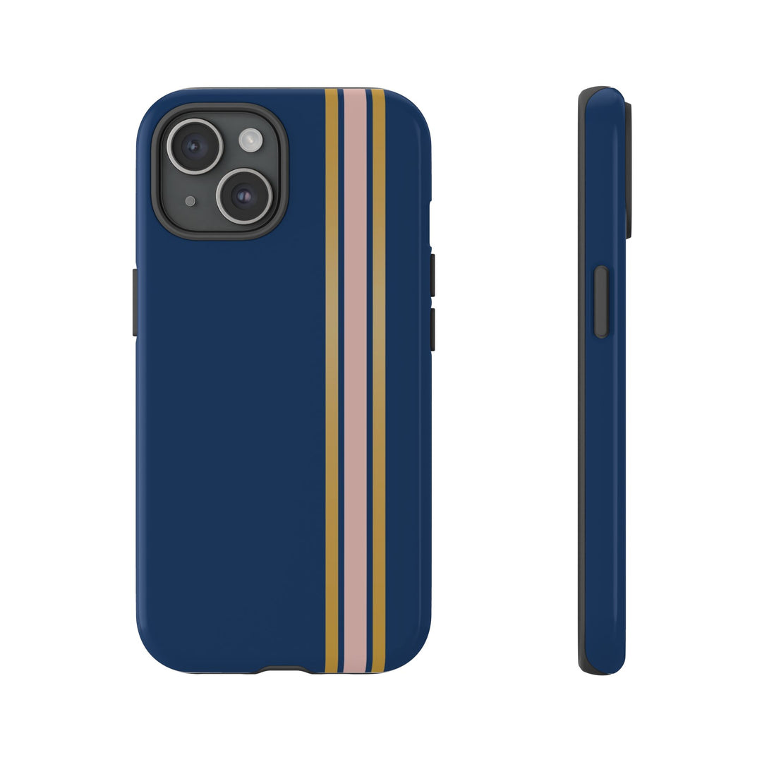 Tough Phone Case Navy Blue Pink Gold Stripe iPhone 18 17 16 15 14 13 12 Pro Max Plus, Samsung Galaxy S26 S25 S24 Ultra Cute Preppy Sport - Studio40ParkLane