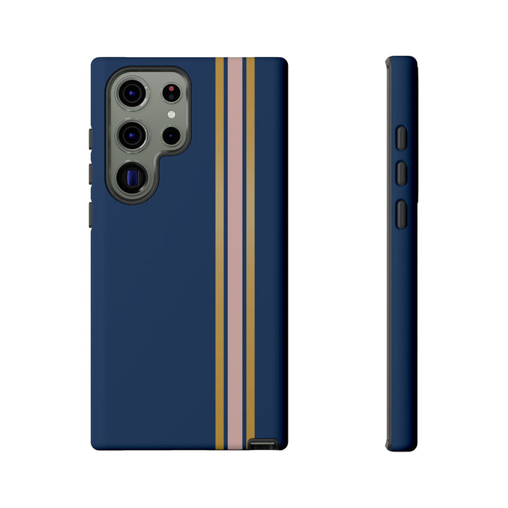 Tough Phone Case Navy Blue Pink Gold Stripe iPhone 18 17 16 15 14 13 12 Pro Max Plus, Samsung Galaxy S26 S25 S24 Ultra Cute Preppy Sport - Studio40ParkLane