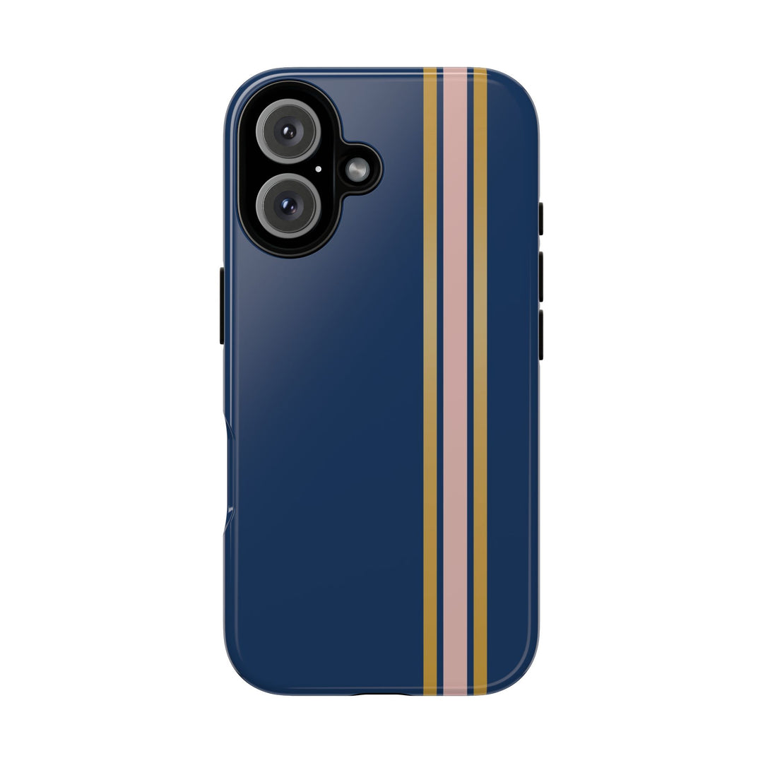 Tough Phone Case Navy Blue Pink Gold Stripe iPhone 18 17 16 15 14 13 12 Pro Max Plus, Samsung Galaxy S26 S25 S24 Ultra Cute Preppy Sport - Studio40ParkLane