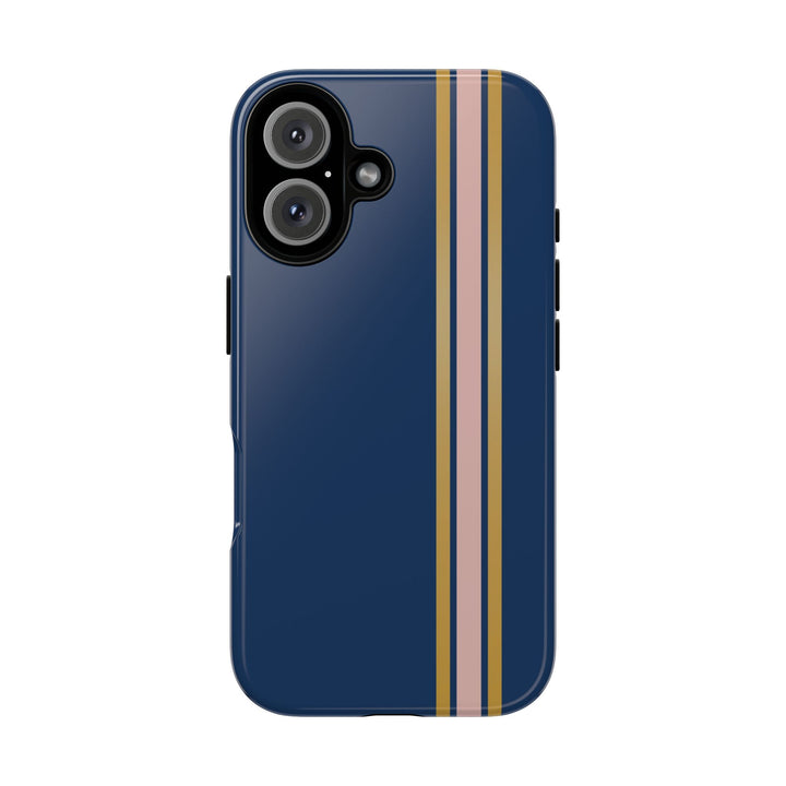 Tough Phone Case Navy Blue Pink Gold Stripe iPhone 18 17 16 15 14 13 12 Pro Max Plus, Samsung Galaxy S26 S25 S24 Ultra Cute Preppy Sport - Studio40ParkLane
