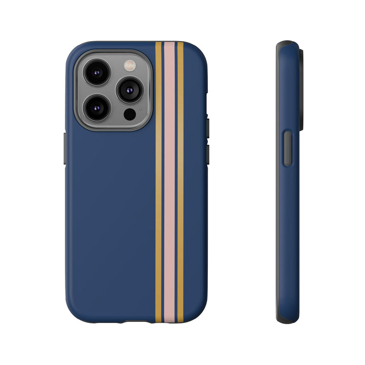 Tough Phone Case Navy Blue Pink Gold Stripe iPhone 18 17 16 15 14 13 12 Pro Max Plus, Samsung Galaxy S26 S25 S24 Ultra Cute Preppy Sport - Studio40ParkLane