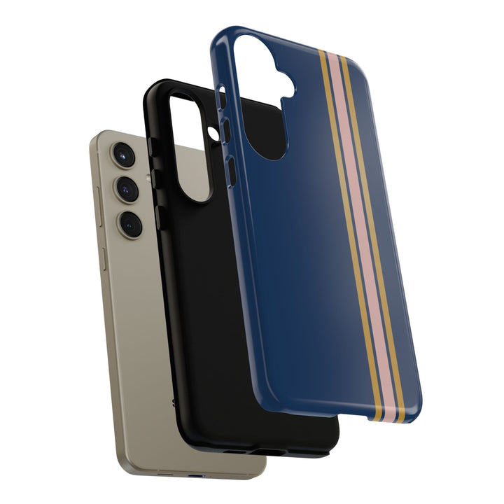 Tough Phone Case Navy Blue Pink Gold Stripe iPhone 18 17 16 15 14 13 12 Pro Max Plus, Samsung Galaxy S26 S25 S24 Ultra Cute Preppy Sport - Studio40ParkLane