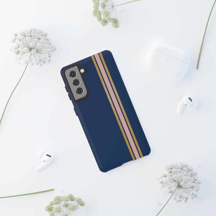 Tough Phone Case Navy Blue Pink Gold Stripe iPhone 18 17 16 15 14 13 12 Pro Max Plus, Samsung Galaxy S26 S25 S24 Ultra Cute Preppy Sport - Studio40ParkLane