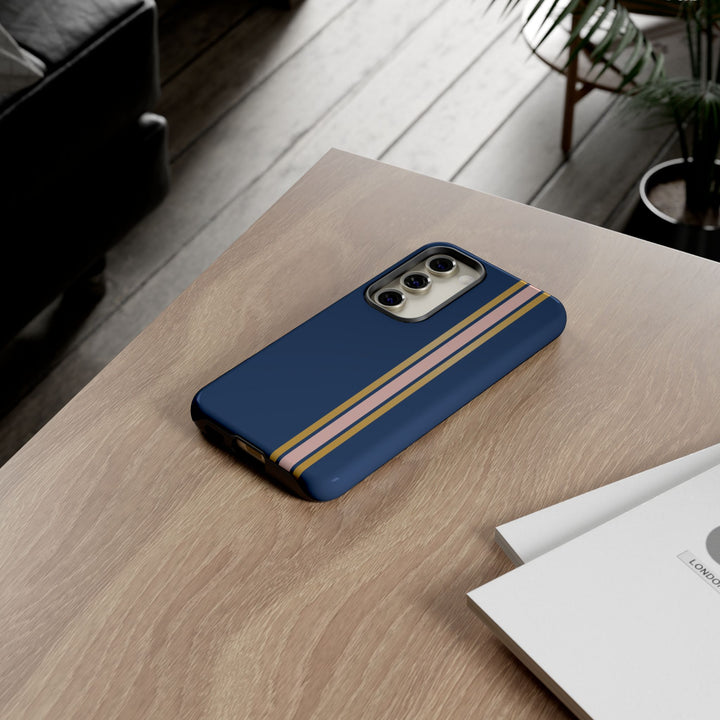 Tough Phone Case Navy Blue Pink Gold Stripe iPhone 18 17 16 15 14 13 12 Pro Max Plus, Samsung Galaxy S26 S25 S24 Ultra Cute Preppy Sport - Studio40ParkLane