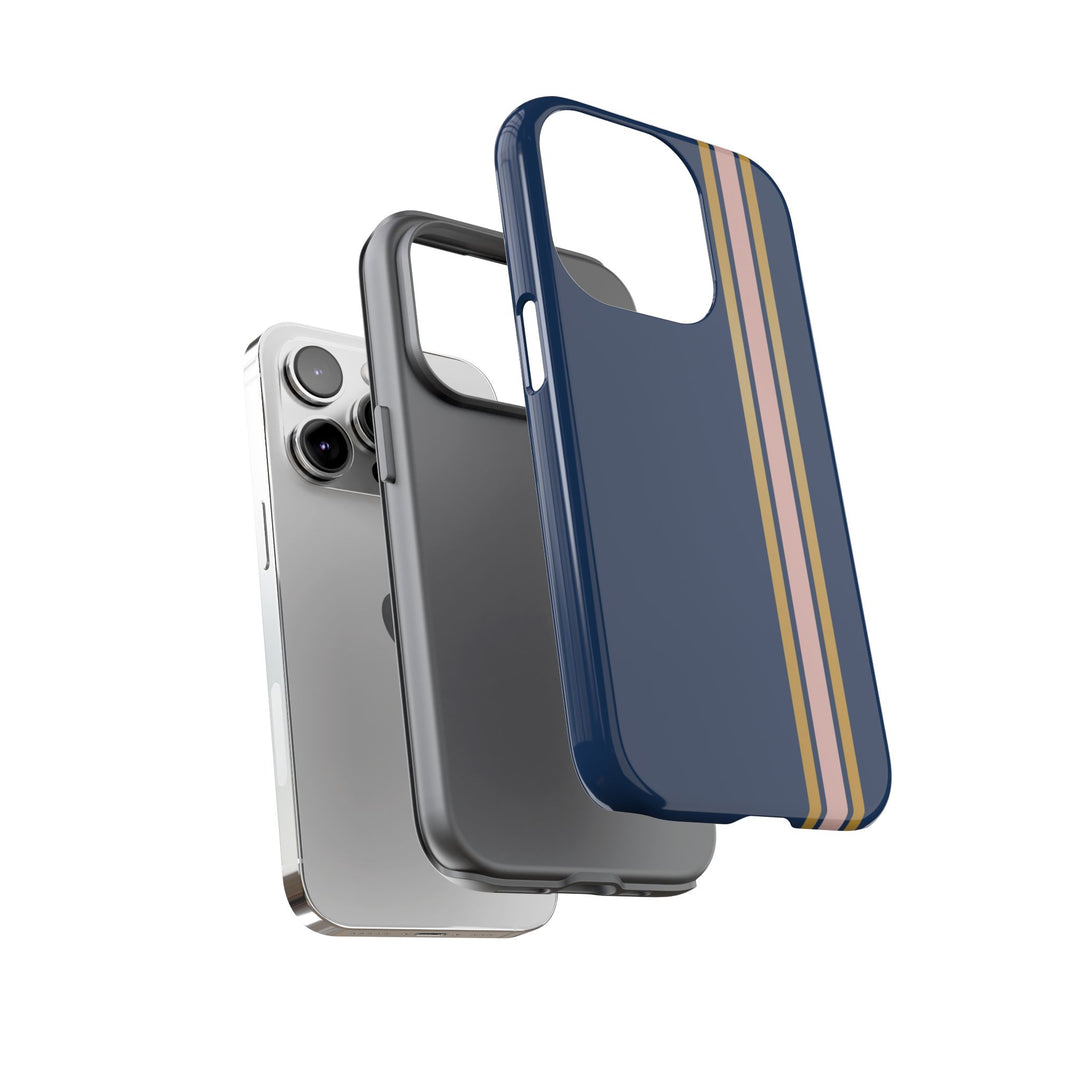 Tough Phone Case Navy Blue Pink Gold Stripe iPhone 18 17 16 15 14 13 12 Pro Max Plus, Samsung Galaxy S26 S25 S24 Ultra Cute Preppy Sport - Studio40ParkLane