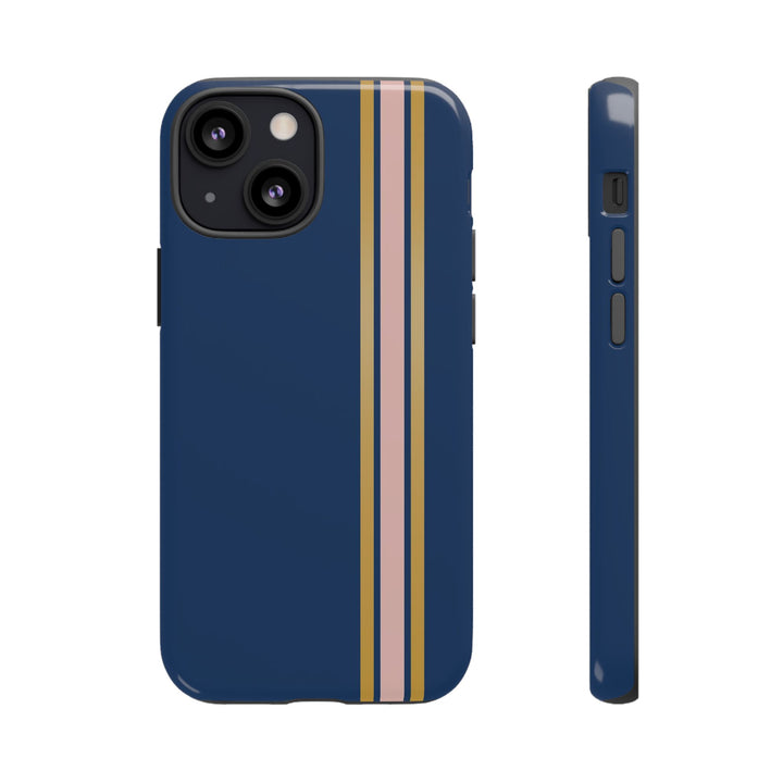 Tough Phone Case Navy Blue Pink Gold Stripe iPhone 18 17 16 15 14 13 12 Pro Max Plus, Samsung Galaxy S26 S25 S24 Ultra Cute Preppy Sport - Studio40ParkLane