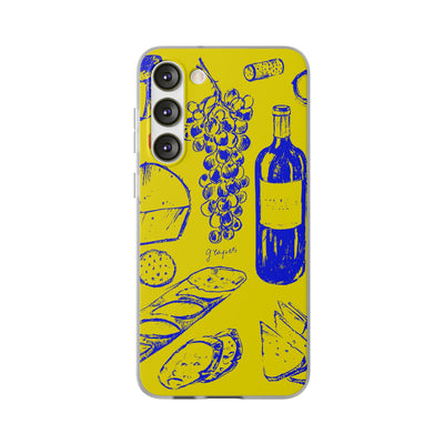 Cute Flexi Phone Cases, French Food Wine Yellow Blue, Compatible with Samsung Galaxy S23, Samsung S22, Samsung S21, Samsung S20, Galaxy S20 Ultra