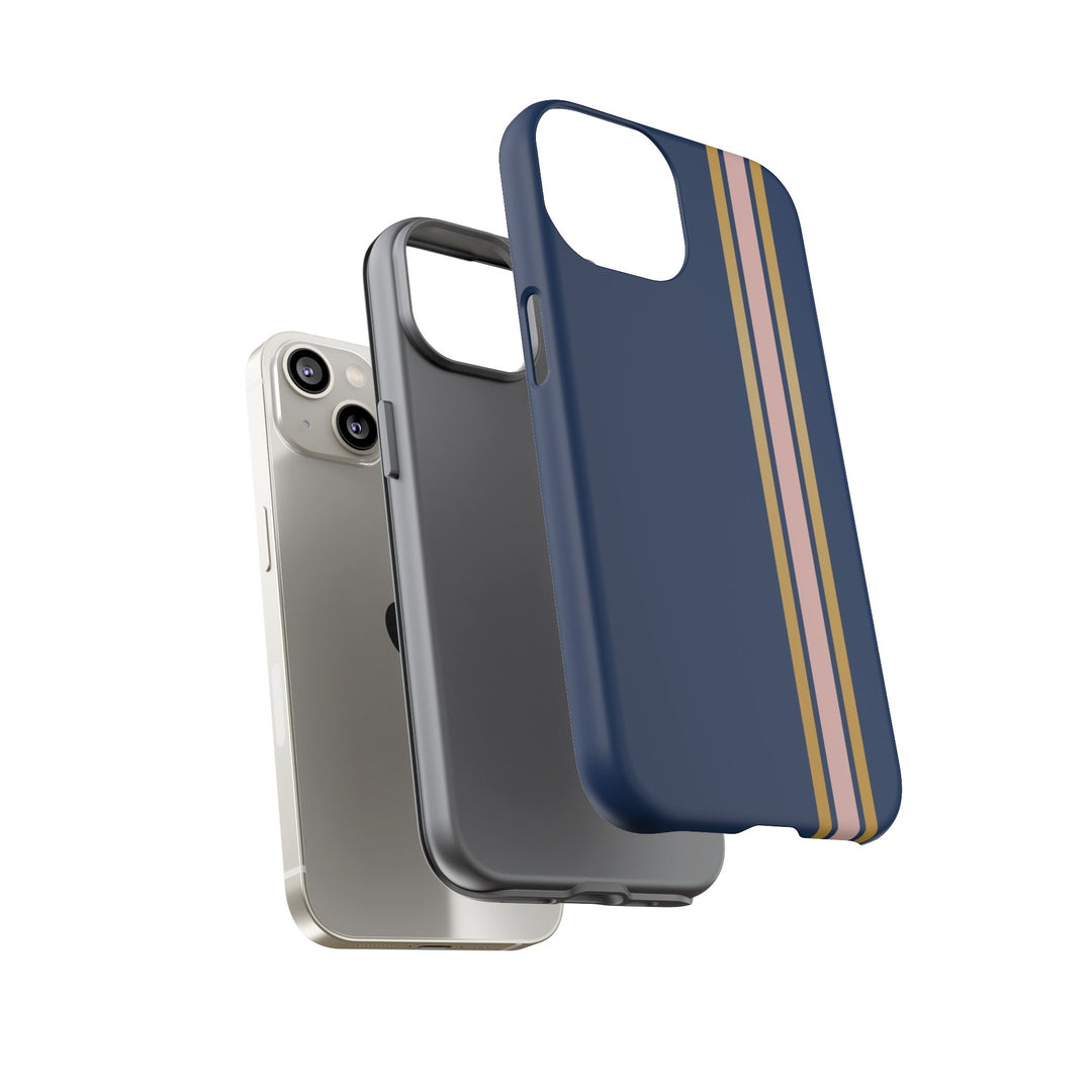 Tough Phone Case Navy Blue Pink Gold Stripe iPhone 18 17 16 15 14 13 12 Pro Max Plus, Samsung Galaxy S26 S25 S24 Ultra Cute Preppy Sport - Studio40ParkLane