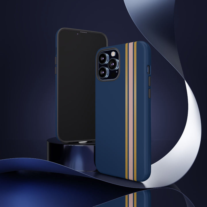 Tough Phone Case Navy Blue Pink Gold Stripe iPhone 18 17 16 15 14 13 12 Pro Max Plus, Samsung Galaxy S26 S25 S24 Ultra Cute Preppy Sport - Studio40ParkLane