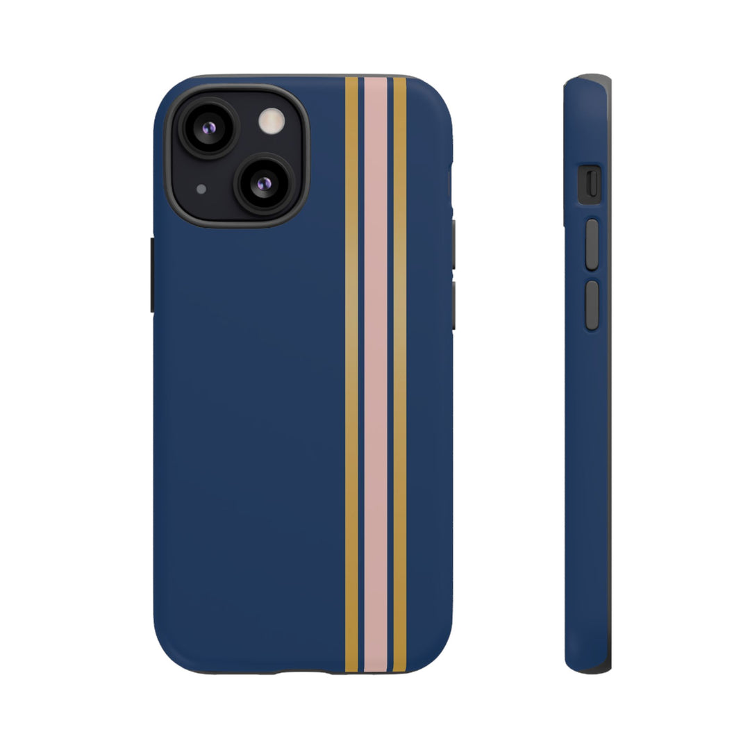 Tough Phone Case Navy Blue Pink Gold Stripe iPhone 18 17 16 15 14 13 12 Pro Max Plus, Samsung Galaxy S26 S25 S24 Ultra Cute Preppy Sport - Studio40ParkLane