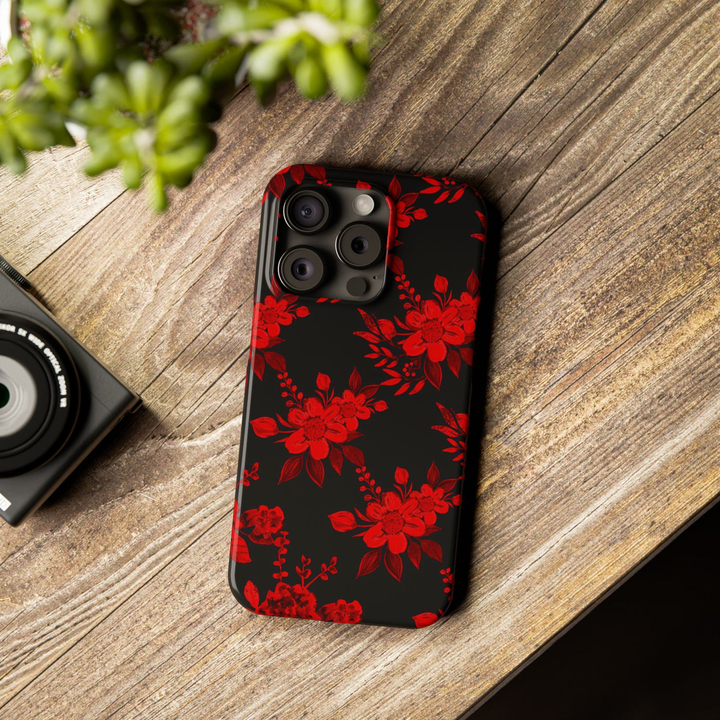 Slim Cute iPhone Cases - | iPhone 15 Case | iPhone 15 Pro Max Case, Iphone 14 Case, Iphone 14 Pro Max, Iphone 13, Red Black Flowers