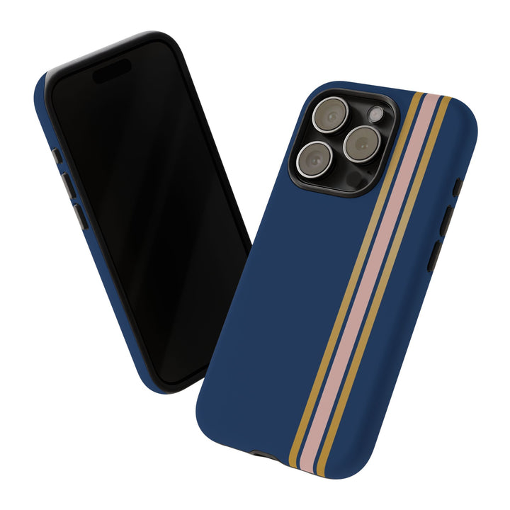 Tough Phone Case Navy Blue Pink Gold Stripe iPhone 18 17 16 15 14 13 12 Pro Max Plus, Samsung Galaxy S26 S25 S24 Ultra Cute Preppy Sport - Studio40ParkLane