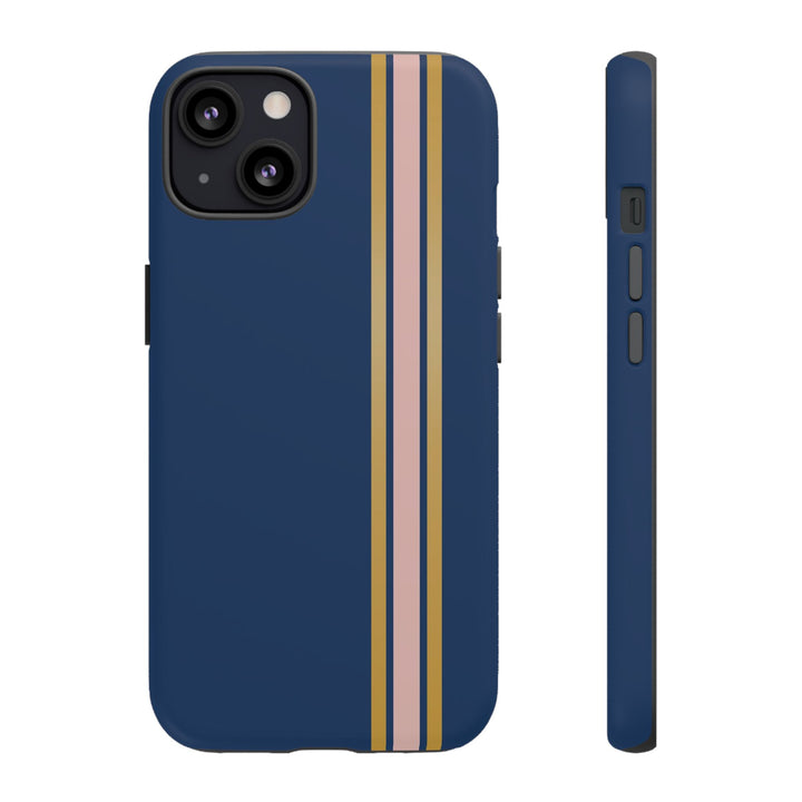 Tough Phone Case Navy Blue Pink Gold Stripe iPhone 18 17 16 15 14 13 12 Pro Max Plus, Samsung Galaxy S26 S25 S24 Ultra Cute Preppy Sport - Studio40ParkLane