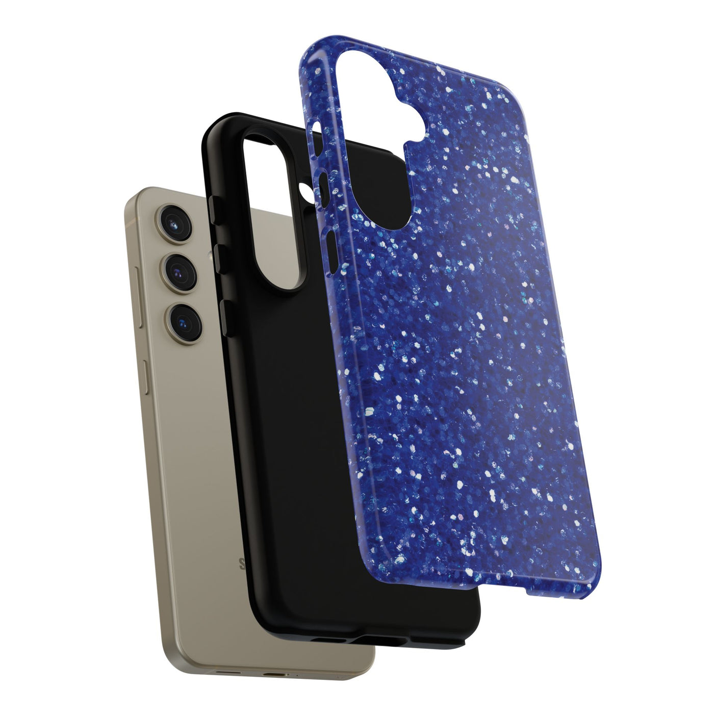 Chic Blue Faux Play on Glitter Effect Cute Phone Case, for IPhone 16 pro Max | Iphone 15, Iphone 14, IPhone 13 Case, 11 8 7, Samsung Galaxy S24, S23, S22, S21, 2 Layer Protection