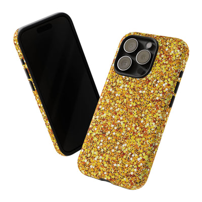 Chic Gold Faux Play on Glitter Effect Cute Phone Case, for IPhone 16 pro Max | Iphone 15, Iphone 14, IPhone 13 Case, 11 8 7, Samsung Galaxy S24, S23, S22, S21, 2 Layer Protection