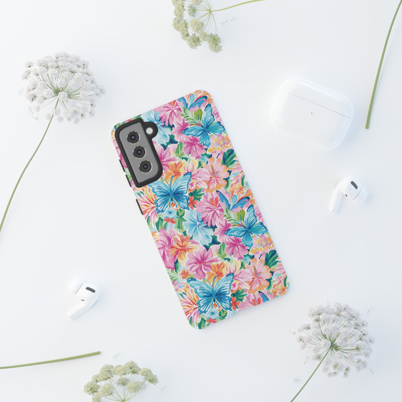 Premium Tough Butterflies Flowers Cute Phone Cases for Samsung S24, S23, S22, S21, S20, Plus and Ultra, Iphone 16 Pro Max,15, 14, 13, 12, 11, 10