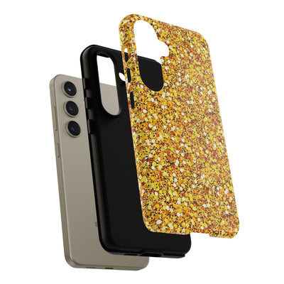 Chic Gold Faux Play on Glitter Effect Cute Phone Case, for IPhone 16 pro Max | Iphone 15, Iphone 14, IPhone 13 Case, 11 8 7, Samsung Galaxy S24, S23, S22, S21, 2 Layer Protection