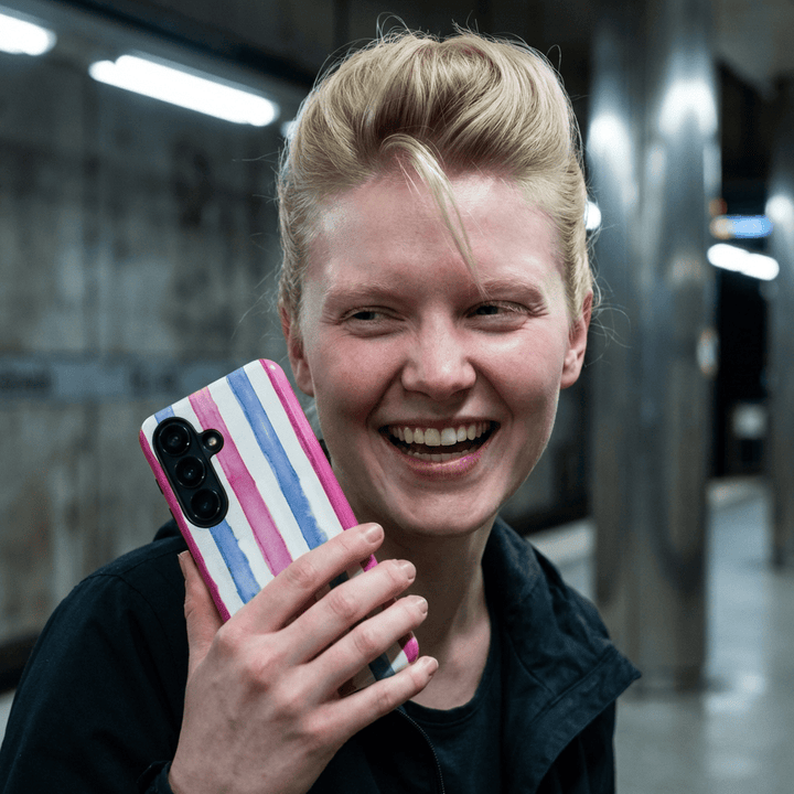 Tough Cute Pink Blue Stripes Phone Case, for IPhone 17 Pro Max | Iphone 17 Air, Iphone 16, IPhone 15, 14 13 12, Samsung Galaxy S26, S25, S24, S23 - Studio40ParkLane